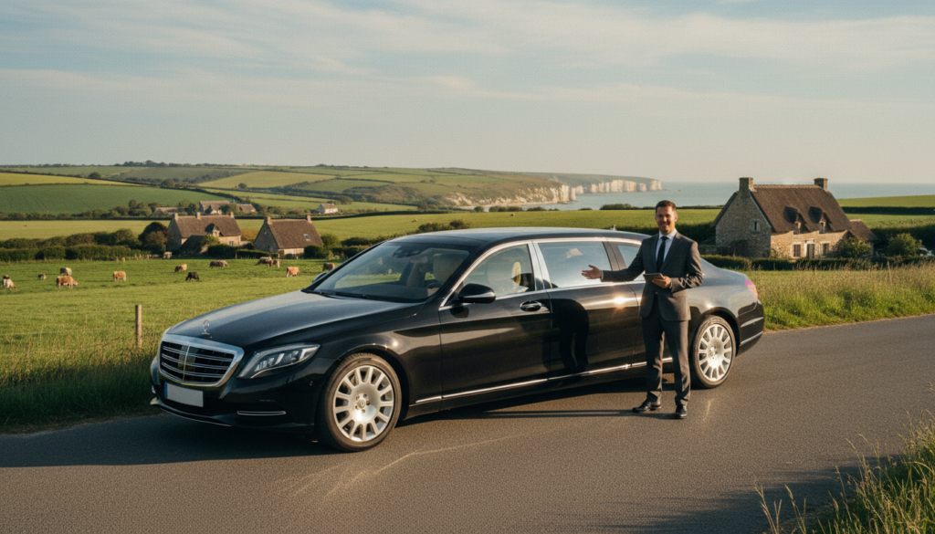 A luxury private transfer vehicle parked along a scenic Normandy road, with a professional driver in a business suit standing next to it. The foreground showcases the sleek, polished exterior of the vehicle, emphasizing its high-end design. In the middle ground, lush green fields and gentle rolling hills typical of the Normandy countryside create a picturesque backdrop, bathed in soft, warm sunlight. The background features a glimpse of historical landmarks like quaint cottages and stunning cliffs, hinting at nearby attractions. The image captures the serene and inviting mood of a private tour experience, with cinematic lighting that highlights the textures and details, all in stunning 8k resolution. A luxury private transfer vehicle parked along a scenic Normandy road, with a professional driver in a business suit standing next to it. The foreground showcases the sleek, polished exterior of the vehicle, emphasizing its high-end design. In the middle ground, lush green fields and gentle rolling hills typical of the Normandy countryside create a picturesque backdrop, bathed in soft, warm sunlight. The background features a glimpse of historical landmarks like quaint cottages and stunning cliffs, hinting at nearby attractions. The image captures the serene and inviting mood of a private tour experience, with cinematic lighting that highlights the textures and details, all in stunning 8k resolution.