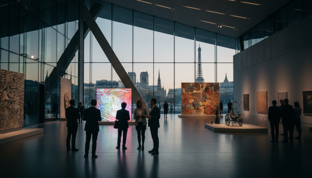 A modern contemporary art museum in Paris, showcasing its striking architecture with large glass windows and dynamic geometric shapes. In the foreground, several visitors in professional business attire explore a vibrant, interactive art installation, while a guide discusses the pieces. The middle ground features an expansive gallery filled with bold abstract artworks and sleek sculptures, illuminated by soft, cinematic lighting that highlights the textures and colors. In the background, glimpses of the iconic Parisian skyline can be seen through the museum’s glass facade, creating a fusion of contemporary design and historic charm. The atmosphere is energetic and inspiring, inviting viewers to appreciate the blending of art and innovation. Shot with an 8k resolution for highly detailed textures. A modern contemporary art museum in Paris, showcasing its striking architecture with large glass windows and dynamic geometric shapes. In the foreground, several visitors in professional business attire explore a vibrant, interactive art installation, while a guide discusses the pieces. The middle ground features an expansive gallery filled with bold abstract artworks and sleek sculptures, illuminated by soft, cinematic lighting that highlights the textures and colors. In the background, glimpses of the iconic Parisian skyline can be seen through the museum’s glass facade, creating a fusion of contemporary design and historic charm. The atmosphere is energetic and inspiring, inviting viewers to appreciate the blending of art and innovation. Shot with an 8k resolution for highly detailed textures.