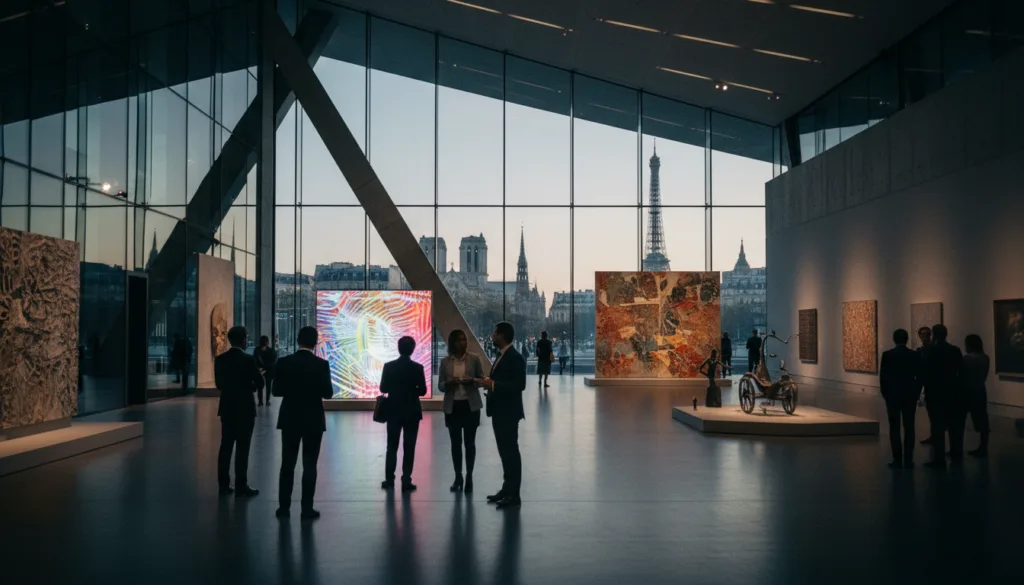 Un moderno museo de arte contemporáneo en París, que exhibe su impactante arquitectura con grandes ventanales y dinámicas formas geométricas. En primer plano, varios visitantes con vestimenta profesional exploran una vibrante instalación artística interactiva, mientras un guía explica las obras. En el plano medio se aprecia una amplia galería repleta de audaces obras abstractas y elegantes esculturas, iluminadas por una suave luz cinematográfica que resalta las texturas y los colores. Al fondo, se vislumbra el icónico horizonte parisino a través de la fachada de cristal del museo, creando una fusión de diseño contemporáneo y encanto histórico. El ambiente es enérgico e inspirador, invitando a los visitantes a apreciar la combinación de arte e innovación. Filmado con una resolución de 8K para texturas de gran detalle.