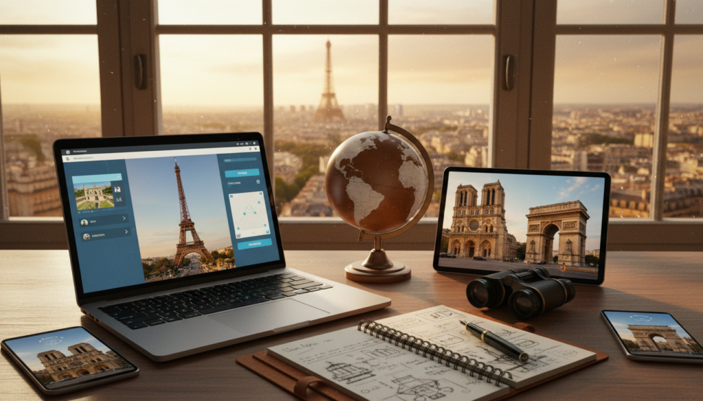 A modern, sleek workspace showcasing various platforms and tools for accessing virtual tours. In the foreground, a high-tech laptop displays an open virtual tour interface of the Eiffel Tower. Surrounding the laptop are smart devices like a tablet and smartphone, each featuring vibrant images of Parisian landmarks. In the middle ground, a stylish globe and a notebook filled with virtual tour notes and sketches create an inviting atmosphere. The background features a large window with a stunning view of Paris, bathed in warm, golden sunlight. The scene is captured with cinematic lighting, emphasizing highly detailed textures in 8k resolution, giving it an engaging and professional mood, perfect for inspiring exploration.