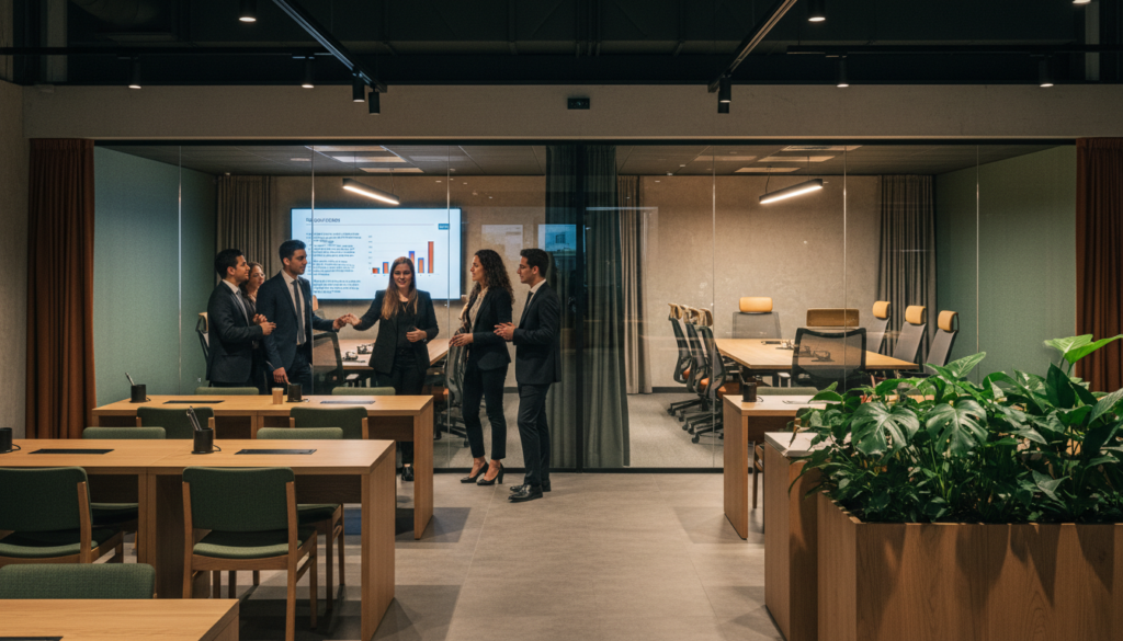 A modern, student-friendly hotel lobby in Paris showcasing conference facilities. The foreground features a spacious reception area with a sleek design, wooden furniture, and vibrant plants. In the middle ground, a group of diverse students in professional business attire are engaged in discussions, pointing at a large screen displaying a presentation. The background reveals stylish conference rooms with glass walls and comfortable seating, bathed in soft, cinematic lighting. The atmosphere is collaborative and inviting, reflecting an ideal environment for study and networking. The image is captured in raw photograph quality with highly detailed textures, emphasizing the vibrant color palette. The composition is in 8k resolution, showcasing the elegance and functionality of the hotel space, suitable for educational group events. A modern, student-friendly hotel lobby in Paris showcasing conference facilities. The foreground features a spacious reception area with a sleek design, wooden furniture, and vibrant plants. In the middle ground, a group of diverse students in professional business attire are engaged in discussions, pointing at a large screen displaying a presentation. The background reveals stylish conference rooms with glass walls and comfortable seating, bathed in soft, cinematic lighting. The atmosphere is collaborative and inviting, reflecting an ideal environment for study and networking. The image is captured in raw photograph quality with highly detailed textures, emphasizing the vibrant color palette. The composition is in 8k resolution, showcasing the elegance and functionality of the hotel space, suitable for educational group events.