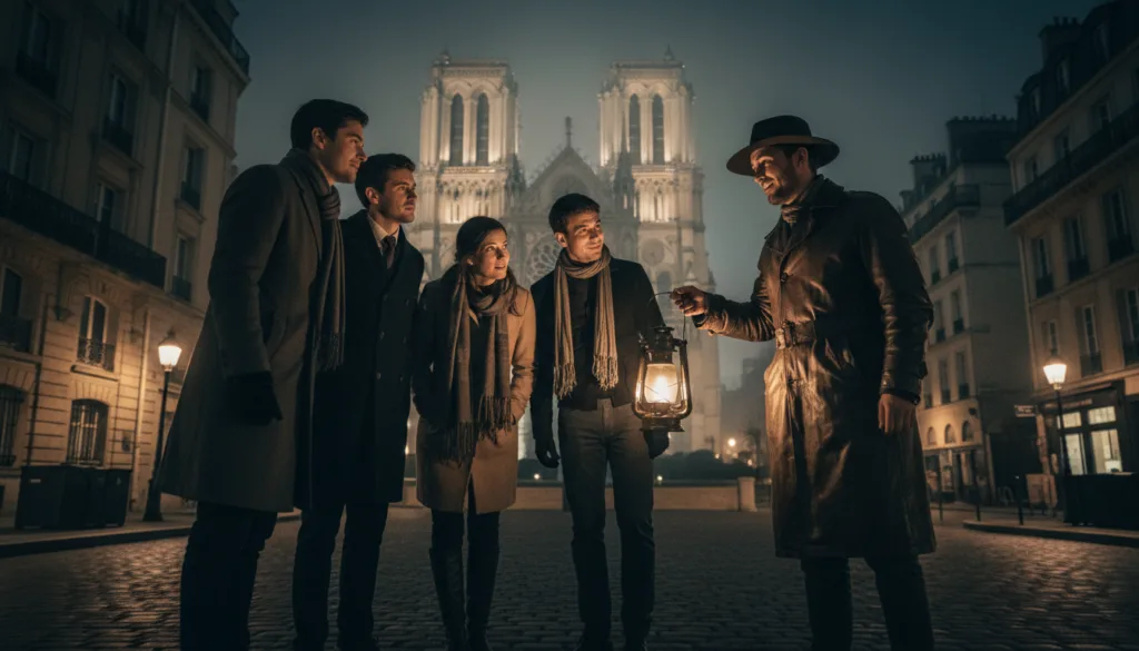 Une scène nocturne mystérieuse à Paris, mettant en lumière des visites historiques uniques. Au premier plan, un petit groupe de touristes, vêtus d'une tenue élégante et décontractée, écoute attentivement un guide dont les visages sont éclairés par une lanterne ancienne. Au second plan se dresse l'emblématique cathédrale Notre-Dame, partiellement enveloppée de brume, laissant apparaître de délicats détails gothiques. À l'arrière-plan, les rues pavées bordées de pittoresques immeubles parisiens confèrent à la scène un charme d'antan. Une lumière chaude et cinématographique sublime la scène, accentuant la texture de la pierre et l'atmosphère mystérieuse. Capturez cette ambiance d'aventure et de découverte en résolution 8K, en vous concentrant sur la richesse des détails et le charme énigmatique du Paris nocturne. Une scène nocturne mystérieuse à Paris, mettant en lumière des visites historiques uniques. Au premier plan, un petit groupe de touristes, vêtus d'une tenue élégante et décontractée, écoute attentivement un guide dont les visages sont éclairés par une lanterne ancienne. Au second plan se dresse l'emblématique cathédrale Notre-Dame, partiellement enveloppée de brume, laissant apparaître de délicats détails gothiques. À l'arrière-plan, les rues pavées bordées de pittoresques immeubles parisiens confèrent à la scène un charme d'antan. Une lumière chaude et cinématographique sublime la scène, accentuant la texture de la pierre et l'atmosphère mystérieuse. Capturez cette ambiance d'aventure et de découverte en résolution 8K, en vous concentrant sur la richesse des détails et le charme énigmatique du Paris nocturne.