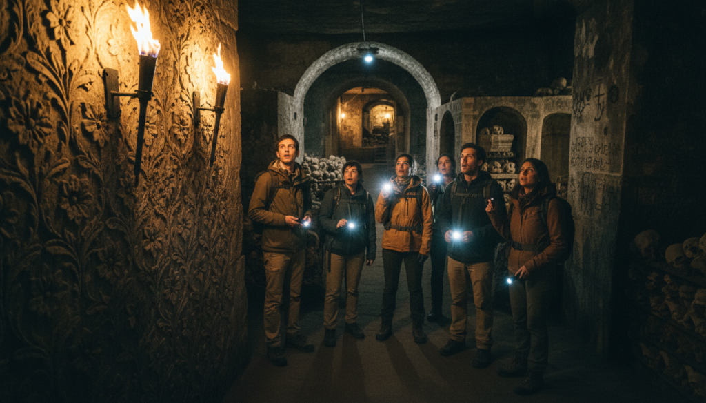 A mysterious underground scene depicting the Paris Catacombs, showcasing the unusual hidden history tours. In the foreground, an intricately carved stone wall adorned with ancient symbols and floral motifs, flanked by dimly lit flickering torches. In the middle, a group of explorers in modest casual clothing, equipped with backpacks and flashlights, captivated by the eerie beauty of the cavernous space, their expressions a mix of wonder and intrigue. The background features a labyrinth of narrow passageways leading to shadowy alcoves, illuminated by soft cinematic lighting that casts dramatic shadows across the detailed textures of the stone. The atmosphere is both haunting and adventurous, evoking a sense of discovery in the heart of Paris's dark history. Shot in 8k resolution for rich detail. A mysterious underground scene depicting the Paris Catacombs, showcasing the unusual hidden history tours. In the foreground, an intricately carved stone wall adorned with ancient symbols and floral motifs, flanked by dimly lit flickering torches. In the middle, a group of explorers in modest casual clothing, equipped with backpacks and flashlights, captivated by the eerie beauty of the cavernous space, their expressions a mix of wonder and intrigue. The background features a labyrinth of narrow passageways leading to shadowy alcoves, illuminated by soft cinematic lighting that casts dramatic shadows across the detailed textures of the stone. The atmosphere is both haunting and adventurous, evoking a sense of discovery in the heart of Paris's dark history. Shot in 8k resolution for rich detail.