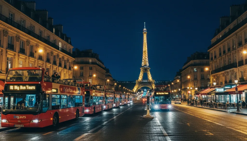 Isang malawak na tanawin ng Big Bus Tours sa Paris sa gabi, na nagpapakita ng isang maingay na tanawin kasama ang mga maliwanag na double-decker bus na nakahanay sa mga iconic na kalye. Sa harapan, kunan ng larawan ang kumikinang na basang bangketa na sumasalamin sa makukulay na ilaw ng lungsod mula sa mga kalapit na café at makasaysayang gusali. Ang gitnang lugar ay nagtatampok ng isang bus na umaandar, ang mga headlight nito ay nagbibigay-liwanag sa daan, habang ang mga nasasabik na turista ay kumukuha ng sandali sa kanilang mga camera. Ipinapakita ng background ang maringal na Eiffel Tower na kumikinang laban sa kalangitan sa gabi, na napapalibutan ng eleganteng arkitektura ng mga gusaling Parisian. Gumamit ng cinematic lighting upang lumikha ng isang mainit at nakakaengganyong kapaligiran, na nagbibigay-diin sa sigla ng nightlife ng lungsod. Ang komposisyon ay dapat maghatid ng isang pakiramdam ng pakikipagsapalaran at kasabikan, na nag-aanyaya sa mga manonood na maranasan ang kagandahan ng Paris sa gabi sa 8k resolution na may lubos na detalyadong mga texture.