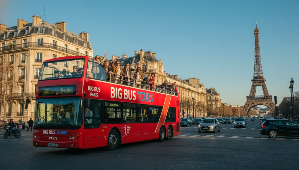 Isang malawak na tanawin ng isang Big Bus Tour na naglalayag sa maiingay na mga kalye ng Paris. Sa harapan, kitang-kita ang maliwanag at iconic na pulang double-decker bus, na nagpapakita ng kakaibang disenyo at mga karatula nito. Sa gitnang bahagi, makikita ang mga masiglang turista na kumukuha ng mga litrato, nakasuot ng mga kaswal na damit, at tinatamasa ang magandang tanawin habang dumadaan ang mga landmark. Tampok sa background ang mga makikilalang landmark ng Paris tulad ng Eiffel Tower, Louvre, at Arc de Triomphe, na nakaharap sa malinaw na asul na kalangitan. Ang tanawin ay nababalutan ng mainit at sinematikong ilaw na nagpapaganda sa matingkad na mga kulay ng lungsod. Kinuhanan gamit ang isang wide-angle lens, binibigyang-diin ng larawan ang abalang kapaligiran ng Paris bilang isang pangunahing destinasyon ng turista, na ipinagdiriwang ang esensya ng karanasan sa Big Bus Tour. 8k resolution, lubos na detalyadong mga texture.