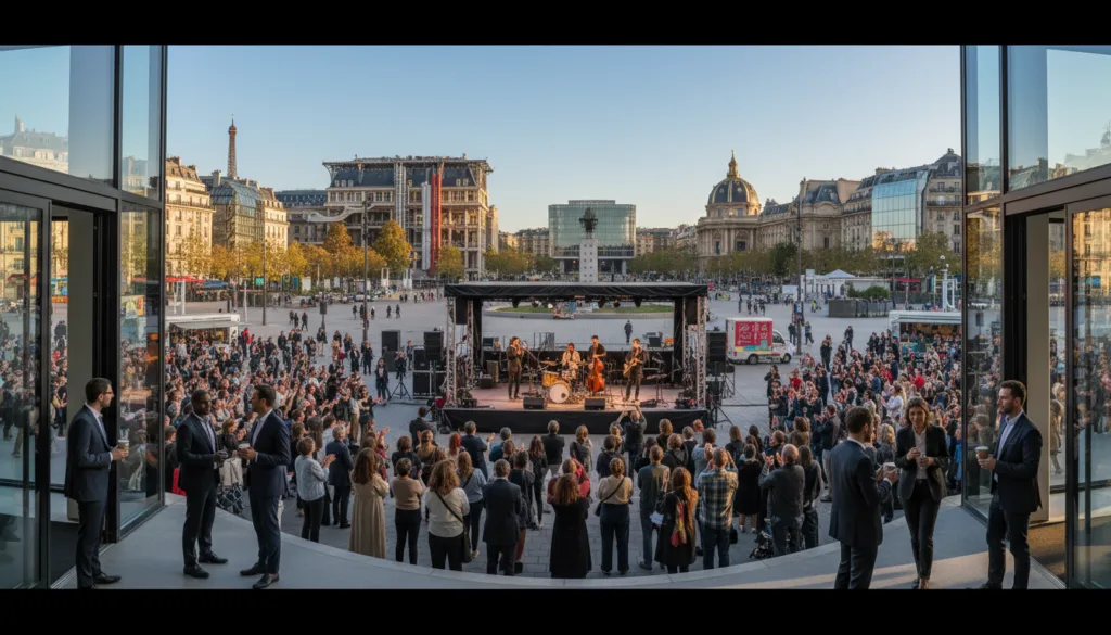 Vista panorámica de espacios culturales y salas de espectáculos contemporáneos en París, que muestra una arquitectura moderna y elegante y ambientes artísticos vibrantes. En primer plano, una elegante entrada con puertas de cristal y personas con vestimenta profesional interactuando. En el plano intermedio, un escenario al aire libre con músicos actuando, rodeados por un público que disfruta del ambiente. Al fondo, se aprecian edificios parisinos emblemáticos con una mezcla de estilos modernos y tradicionales bajo un cielo azul despejado. La composición está iluminada con una luz cálida y cinematográfica que realza las texturas de la arquitectura. Filmada con un objetivo gran angular a la altura de los ojos para capturar la experiencia inmersiva de las atracciones modernas, la atmósfera general irradia emoción y vitalidad cultural, destacando a París como centro neurálgico de las artes y los espectáculos contemporáneos. Texturas de alta resolución, 8k.