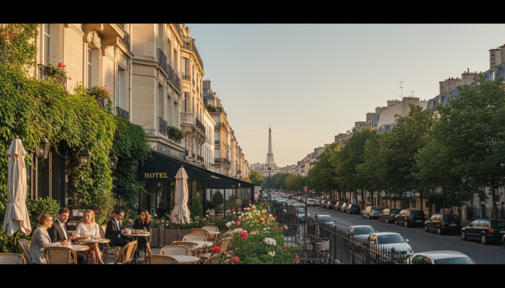 A panoramic view of hotels located in the outer districts and suburban areas of Paris, showcasing a mix of modern architecture and charming, traditional designs. In the foreground, elegant hotel facades adorned with greenery and outdoor seating areas, featuring stylish guests in professional business attire enjoying the ambiance. The middle ground presents a tree-lined boulevard flanked by boutique hotels, with cars parked along the street and bicycles nearby, hinting at a vibrant urban lifestyle. In the background, the iconic skyline of Paris, including the Eiffel Tower subtly visible on the horizon. Natural sunlight filters through the trees, creating a warm, inviting atmosphere. Shot with a wide-angle lens for depth, in 8k resolution, highlighting rich textures and cinematic lighting effects to emphasize the mood of suburban Parisian tranquility. A panoramic view of hotels located in the outer districts and suburban areas of Paris, showcasing a mix of modern architecture and charming, traditional designs. In the foreground, elegant hotel facades adorned with greenery and outdoor seating areas, featuring stylish guests in professional business attire enjoying the ambiance. The middle ground presents a tree-lined boulevard flanked by boutique hotels, with cars parked along the street and bicycles nearby, hinting at a vibrant urban lifestyle. In the background, the iconic skyline of Paris, including the Eiffel Tower subtly visible on the horizon. Natural sunlight filters through the trees, creating a warm, inviting atmosphere. Shot with a wide-angle lens for depth, in 8k resolution, highlighting rich textures and cinematic lighting effects to emphasize the mood of suburban Parisian tranquility.