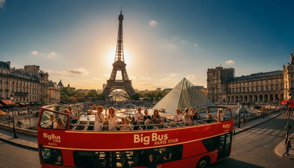 Isang malawak na tanawin ng mga iconic na landmark sa Paris na itinampok sa isang Big Bus Tour, na kumukuha ng mga pangunahing hintuan tulad ng Eiffel Tower, Louvre, at Notre-Dame Cathedral. Itinatampok sa harapan ang isang open-top double-decker bus na may mga turistang nakasuot ng mga naka-istilong damit pang-tag-init, na ninanamnam ang mga tanawin. Sa gitna, ang Eiffel Tower ay nakatayo nang mataas laban sa isang malinaw na asul na kalangitan, habang ang glass pyramid ng Louvre ay sumasalamin sa sikat ng araw. Ipinapakita ng background ang mga kaakit-akit na kalye ng Paris na may mga café at makasaysayang arkitektura. Ang eksena ay nababalutan ng mainit at ginintuang ilaw, na lumilikha ng isang masigla at nakakaengganyong kapaligiran. Kinunan gamit ang isang wide-angle lens para sa lalim at kalinawan, na tinitiyak ang lubos na detalyadong mga texture sa 8k resolution.