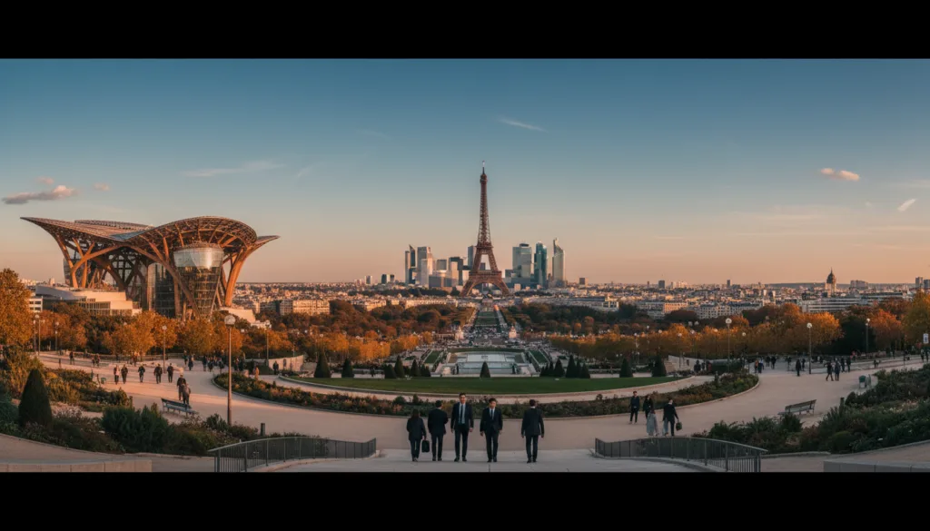 Una vista panorámica de la arquitectura moderna y los lugares emblemáticos de París, que muestra las elegantes líneas de edificios contemporáneos como la Fundación Louis Vuitton, cuya estructura de vidrio y madera refleja la vibrante atmósfera de la ciudad. En primer plano, un cuidado parque urbano invita a los visitantes, con personas vestidas de manera profesional paseando tranquilamente, lo que subraya la combinación de trabajo y ocio de la ciudad. En el plano medio se aprecia el icónico distrito de La Défense con sus imponentes rascacielos, contrastando con el horizonte histórico. Al fondo, la Torre Eiffel se enmarca sutilmente en un cielo azul despejado. La escena está iluminada por la luz dorada del atardecer, que proyecta suaves sombras y realza las texturas de los edificios, todo presentado en una impresionante resolución 8K con iluminación cinematográfica y texturas de gran detalle.