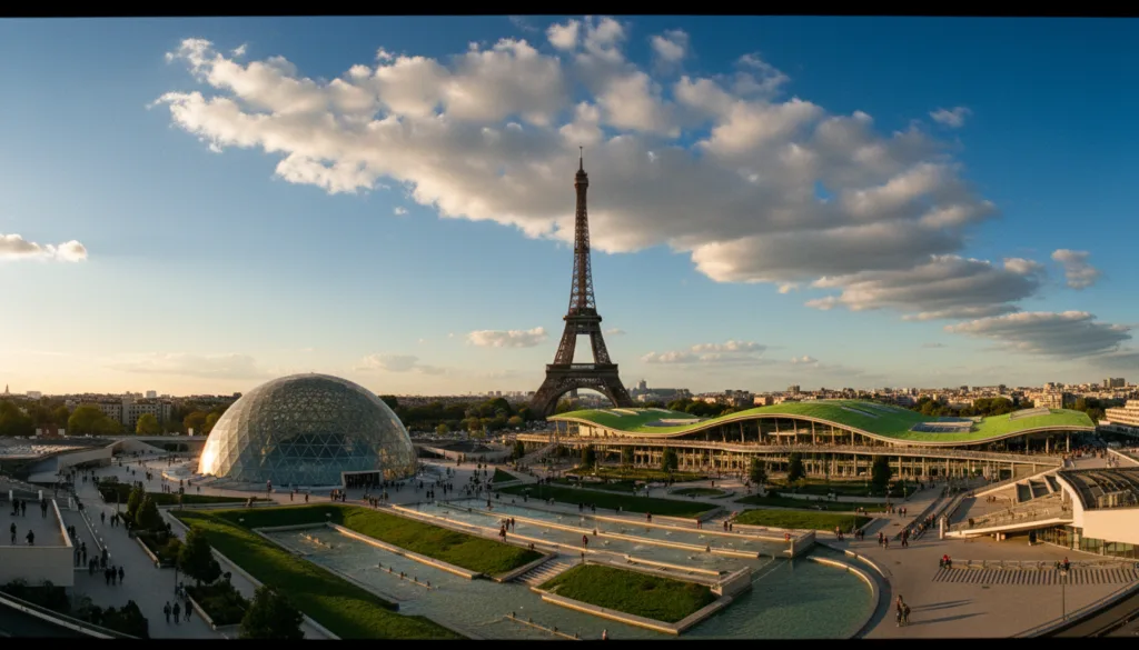 Una vista panorámica de las atracciones modernas de París que destacan por su ciencia e innovación, con la futurista Cité des Sciences et de l'Industrie en primer plano, con su distintiva cúpula transparente y sus vibrantes jardines. En el plano medio, se aprecia el emblemático Les Docks – Cité de la Mode et du Design, diseñado por Philippe Starck, que exhibe su llamativa azotea verde. Al fondo, la imponente Torre Eiffel se recorta contra un cielo azul despejado. La escena está bañada por la suave luz del atardecer, creando una atmósfera cálida y acogedora, con dinámicas formaciones de nubes que añaden profundidad. Capturada con un objetivo gran angular para una visión panorámica, la imagen captura tanto la energía de la innovación como la elegancia de París, con texturas de gran detalle y resolución 8K.