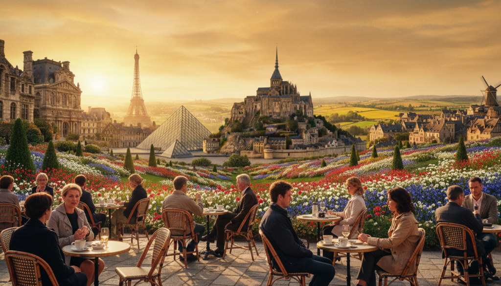 A panoramic view of scenic western European destinations, beginning in Paris. In the foreground, a charming café with patrons enjoying drinks, with the Eiffel Tower visible in the distance. The middle ground features iconic landmarks like the Louvre and Mont Saint-Michel, surrounded by lush greenery and blooming flowers. The background showcases rolling hills and quaint villages in countries like Belgium and the Netherlands. The scene is bathed in soft, golden sunset lighting, creating a warm and inviting atmosphere. The image should be highly detailed, capturing textures of the buildings, foliage, and distant landscapes in 8k resolution. A cinematic angle highlights the essence of travel and exploration, evoking a sense of adventure and charm in Western Europe. A panoramic view of scenic western European destinations, beginning in Paris. In the foreground, a charming café with patrons enjoying drinks, with the Eiffel Tower visible in the distance. The middle ground features iconic landmarks like the Louvre and Mont Saint-Michel, surrounded by lush greenery and blooming flowers. The background showcases rolling hills and quaint villages in countries like Belgium and the Netherlands. The scene is bathed in soft, golden sunset lighting, creating a warm and inviting atmosphere. The image should be highly detailed, capturing textures of the buildings, foliage, and distant landscapes in 8k resolution. A cinematic angle highlights the essence of travel and exploration, evoking a sense of adventure and charm in Western Europe.