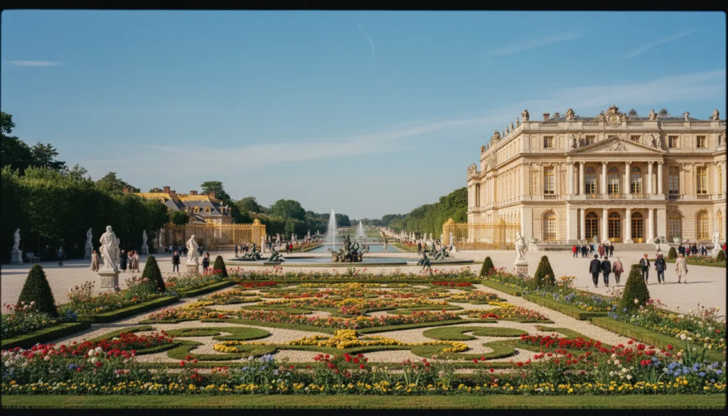 Una vista panorámica del Palacio de Versalles, que muestra su grandiosa arquitectura y sus extensos jardines. En primer plano, parterres meticulosamente adornados con vibrantes flores conducen a la icónica fachada del palacio, engalanada con detalles dorados y elaboradas esculturas. En el plano medio, elegantes esculturas y fuentes, con visitantes vestidos de etiqueta paseando por los senderos, absorbiendo la rica historia. Al fondo, se extienden los amplios jardines reales, enmarcados por altos setos y majestuosos árboles bajo un cielo azul despejado. La escena está bañada en una suave iluminación cinematográfica que resalta las texturas detalladas de los edificios y la vegetación, capturada en una impresionante resolución 8K con un ángulo ligeramente elevado para una perspectiva dramática. La atmósfera es tranquila pero majestuosa, invitando a la contemplación y la admiración.