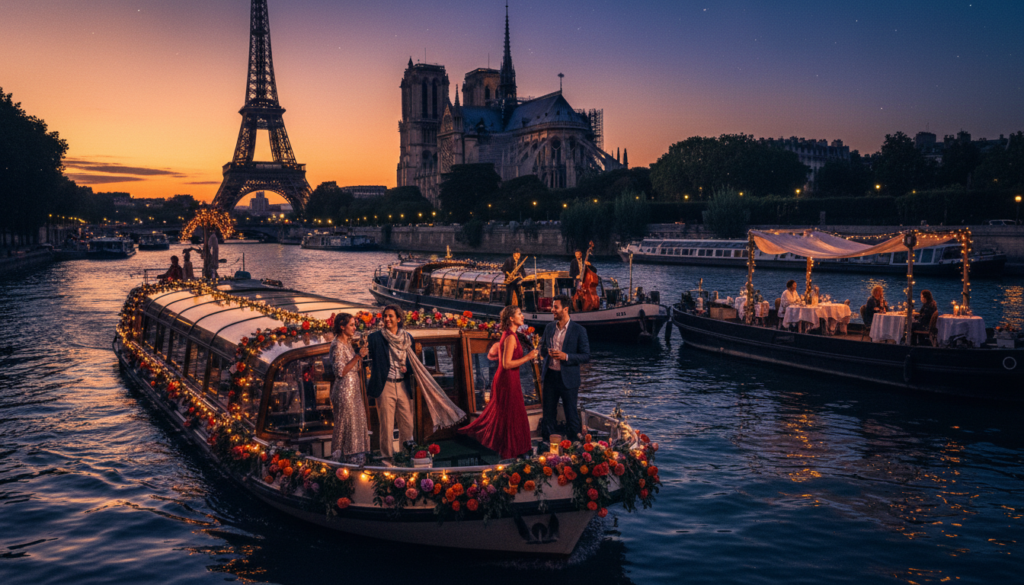 A picturesque Seine River scene showcasing themed and specialty cruises in Paris. In the foreground, a beautifully decorated boat adorned with fairy lights and colorful flowers glides on the smooth water, reflecting the warm golden hues of sunset. Passengers in stylish evening attire enjoy the ambiance, some raising glasses in celebration. In the middle ground, other boats can be seen with themed decorations, such as a jazz band on one and a romantic dining setup on another, creating a lively atmosphere. The background features iconic Parisian landmarks, like the Eiffel Tower and Notre-Dame, framed by the soft glow of twilight. The image captures a cinematic feel with rich colors, intricate textures, and is in high-definition 8k resolution. The mood is enchanting and celebratory, evoking the magic of night-time cruises in the City of Light.