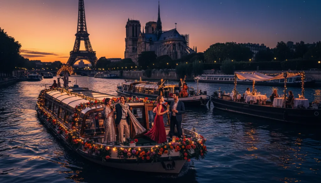 Una pintoresca escena del río Sena que muestra cruceros temáticos y especiales en París. En primer plano, un barco bellamente decorado con luces de hadas y flores de colores se desliza sobre las tranquilas aguas, reflejando los cálidos tonos dorados del atardecer. Los pasajeros, elegantemente vestidos de noche, disfrutan del ambiente, algunos brindando. En un plano intermedio, se aprecian otros barcos con decoraciones temáticas, como una banda de jazz en uno y una cena romántica en otro, creando una atmósfera animada. Al fondo, destacan monumentos parisinos emblemáticos, como la Torre Eiffel y Notre-Dame, enmarcados por el suave resplandor del crepúsculo. La imagen captura una sensación cinematográfica con colores intensos, texturas intrincadas y una resolución de alta definición 8K. El ambiente es encantador y festivo, evocando la magia de los cruceros nocturnos en la Ciudad de la Luz.