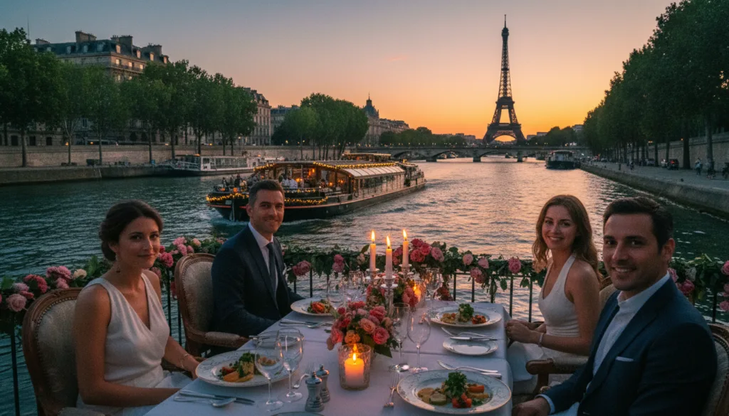 Una pintoresca escena de un crucero con cena por el río Sena al atardecer, con comensales elegantemente vestidos disfrutando de una suntuosa comida en un barco bellamente decorado. En primer plano, una mesa está puesta con una vajilla exquisita, y la luz de las velas ilumina los rostros de los invitados, ataviados con elegantes trajes de noche. En el plano medio, el grácil barco se desliza suavemente por el río resplandeciente, rodeado de frondosos árboles y la emblemática arquitectura parisina que bordea la orilla. Al fondo, se aprecia la impresionante silueta de la Torre Eiffel y los puentes históricos contra un vibrante cielo de atardecer, repleto de cálidos tonos naranjas, rosas y azules intensos. Esta imagen cinematográfica captura el romanticismo y el encanto de un crucero por el Sena, enfatizando la atmósfera relajada pero sofisticada. Filmada en resolución 8K con texturas de gran detalle e iluminación suave y cinematográfica para un efecto onírico.