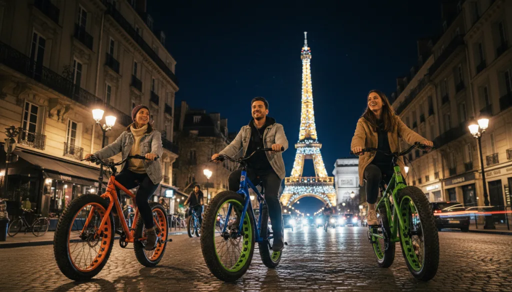 Una pintoresca escena nocturna de un paseo en bicicleta de ruedas anchas por París, que muestra a los ciclistas recorriendo calles bellamente iluminadas. En primer plano, varias personas con ropa informal y sencilla, montadas en coloridas bicicletas de ruedas anchas, disfrutan del ambiente vibrante. El plano medio captura la encantadora arquitectura parisina, con la luz suave y cálida de las farolas reflejándose en las calles empedradas. Al fondo, monumentos emblemáticos como la Torre Eiffel brillan en el cielo nocturno, rodeados de sutiles estrellas. El ambiente es animado y aventurero, evocando una sensación de exploración y disfrute. Utilice iluminación cinematográfica para realzar la profundidad, destacando las texturas de las bicicletas y los edificios, con una impresionante resolución 8K. El ángulo debe ser ligeramente bajo para ofrecer una perspectiva dinámica de los ciclistas contra el encantador telón de fondo de París de noche.