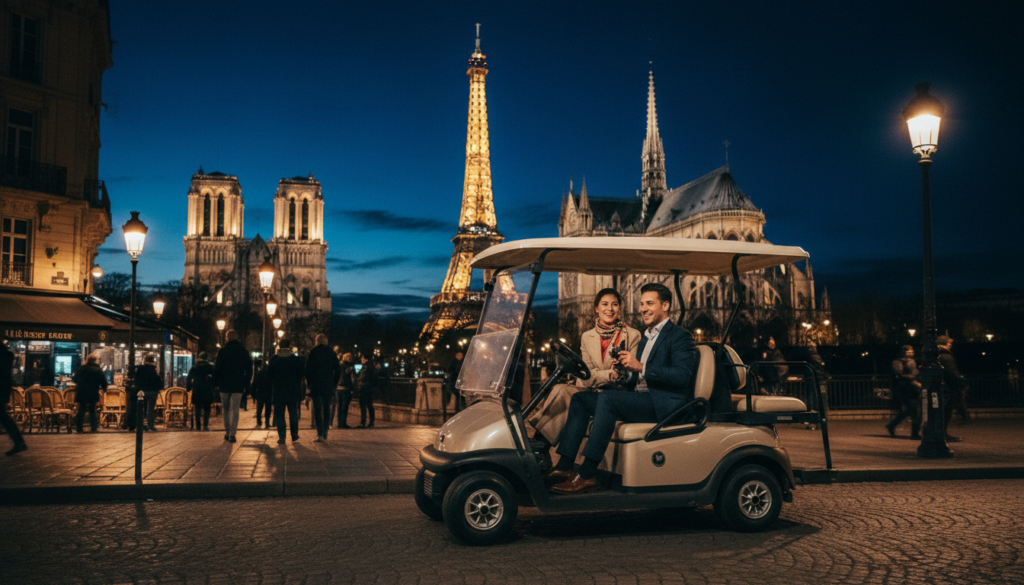 Парис хотод гольфын тэрэгний аяллын үзэсгэлэнт шөнийн дүр зураг бөгөөд ард нь Эйфелийн цамхаг, Нотр-Дамын сүм зэрэг гэрэлтүүлэгтэй газруудыг харуулсан. Урд талд нь загварлаг, энгийн хувцастай хоёр жуулчин үзэсгэлэнт газруудыг үзэж, зугаалж буй дэгжин, орчин үеийн гольфын тэрэг харагдаж байна. Дунд хэсэгт нь зөөлөн гэрэлтдэг гудамжны гэрэл болон явган зорчигчид өнгөрөх хотын эрч хүчтэй амьдралыг тодотгож өгдөг. Энэ дүр зургийг киноны гэрэлтүүлэг бүрдүүлж, дулаан, урин дулаан уур амьсгалыг бүрдүүлдэг. Гольфын тэрэгний бүтэц болон түүхэн архитектурын нарийн төвөгтэй нарийн ширийн зүйлийг гайхалтай 8k нягтралтайгаар буулга. Камерын өнцөг бага зэрэг өндөрссөн нь Парисын гайхалтай шөнийн үзэмжийг динамик байдлаар харуулж, адал явдал, гайхамшгийн мэдрэмжийг нэмэгдүүлдэг.