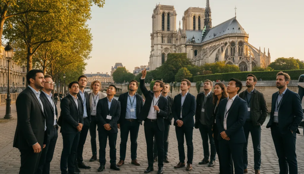 Una pintoresca escena al aire libre en París muestra una visita guiada de arquitectura frente a monumentos históricos emblemáticos como la Catedral de Notre-Dame y el Museo del Louvre. En primer plano, un grupo diverso de turistas, vestidos con ropa formal y ropa informal discreta, escucha atentamente a un guía que señala las imponentes agujas góticas de Notre-Dame. En el plano medio se aprecian fachadas ornamentadas y una intrincada mampostería iluminada por la cálida luz del atardecer, que proyecta largas sombras. Al fondo, frondosos árboles enmarcan la hermosa arquitectura, creando una sensación de profundidad. El ambiente es vibrante y didáctico, capturando la esencia de la apreciación cultural, con una calidad cinematográfica que recuerda a un documental de viajes, filmado en resolución 8K, que resalta texturas con gran detalle.
