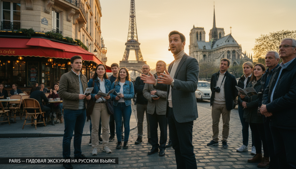 A picturesque scene capturing a Russian-speaking guided walking tour in Paris, featuring a diverse group of tourists in professional and modest casual clothing, led by an engaging guide at a historic heritage site. In the foreground, the guide gestures animatedly, showcasing an architectural detail, while tourists actively listen, holding informational brochures. The middle ground reveals iconic Parisian elements like cobblestone streets and charming cafés with lively outdoor seating. The background showcases stunning landmarks, such as the Eiffel Tower and Notre-Dame, bathed in warm, golden cinematic lighting. Shot from a slightly low angle for an immersive perspective, the image conveys a vibrant and informative atmosphere, emphasizing cultural exploration and engagement, with highly detailed textures and an 8k resolution finish.