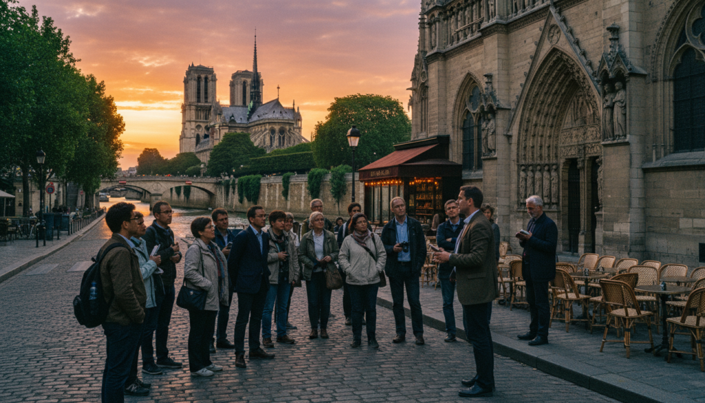 A picturesque scene capturing a group of diverse tourists on an ancient and medieval history walking tour in Paris. In the foreground, a knowledgeable tour guide in professional attire gestures towards an ornate, historical building with intricate Gothic architecture. Tourists of various backgrounds, dressed in modest casual clothing, are engaged and taking notes, surrounded by cobblestone streets lined with charming cafes. The middle ground features iconic Parisian landmarks, with glimpses of the Seine River and lush trees enhancing the atmosphere. In the background, the soft silhouette of the Notre-Dame Cathedral rises against a vibrant sunset sky, casting warm, golden hues across the scene. The lighting is cinematic, highlighting the richly detailed textures of the buildings while creating an inviting, adventurous mood. The image should evoke a sense of discovery and connection to history, rendered in 8k resolution for stunning clarity.