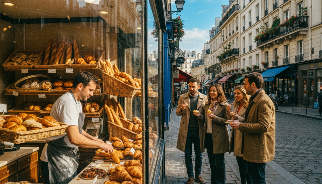 A picturesque scene capturing a lively bakery walking tour in Paris, with a charming group of four people dressed in modest casual clothing, exploring a quaint bakery filled with freshly baked baguettes and pastries. In the foreground, a baker arranges croissants in the window, showcasing their golden, flaky texture. The middle-ground features colorful storefronts adorned with flowers, while the background displays iconic Parisian architecture under a clear blue sky. The scene is illuminated by soft, cinematic lighting that highlights the rich colors and textures of the pastries and the warm ambiance of the street. The composition is a raw photograph with a focus on detail and depth, rendered in 8k resolution, capturing the enchanting atmosphere of a vibrant Parisian neighborhood.
