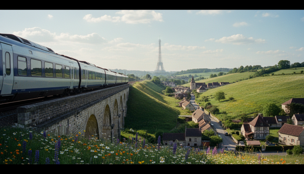 A picturesque scene capturing a scenic European rail tour starting from Paris. In the foreground, a sleek, modern train glides through lush, rolling green hills adorned with blooming wildflowers, setting the stage for an adventure. The middle ground features charming, quaint villages with rustic houses and cobblestone streets, evoking the charm of the French countryside. In the background, the iconic silhouette of the Eiffel Tower faintly appears in a sunny sky, hinting at the journey's origin. The atmosphere is infused with a sense of wonder and exploration, enhanced by soft, cinematic lighting that casts gentle shadows. The photograph is composed with a wide-angle lens to capture the breadth of the landscape in 8k resolution, showcasing the rich textures of nature and architecture. A picturesque scene capturing a scenic European rail tour starting from Paris. In the foreground, a sleek, modern train glides through lush, rolling green hills adorned with blooming wildflowers, setting the stage for an adventure. The middle ground features charming, quaint villages with rustic houses and cobblestone streets, evoking the charm of the French countryside. In the background, the iconic silhouette of the Eiffel Tower faintly appears in a sunny sky, hinting at the journey's origin. The atmosphere is infused with a sense of wonder and exploration, enhanced by soft, cinematic lighting that casts gentle shadows. The photograph is composed with a wide-angle lens to capture the breadth of the landscape in 8k resolution, showcasing the rich textures of nature and architecture.