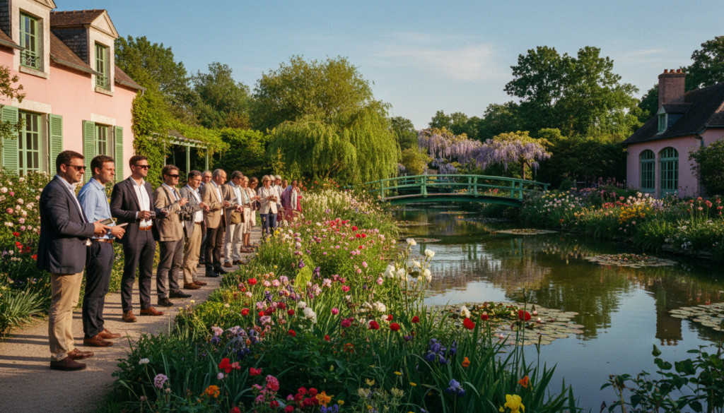 A picturesque scene capturing an English-speaking day trip tour to Monet's Garden from Paris. In the foreground, a diverse group of tourists in business casual attire stands in awe, observing the vibrant flowers and tranquil water lilies of Monet's famous garden. The middle ground features the lush garden bursting with colorful blooms, framed by classic French architecture. In the background, the soft silhouettes of trees and a clear blue sky create a serene atmosphere. The lighting is warm and inviting, highlighting the intricate details of the garden in stunning 8k resolution. Capture this moment at a slightly elevated angle to evoke a cinematic feeling, ensuring the textures of the flowers and greenery are highly detailed, inviting viewers to feel as if they are part of the tour.