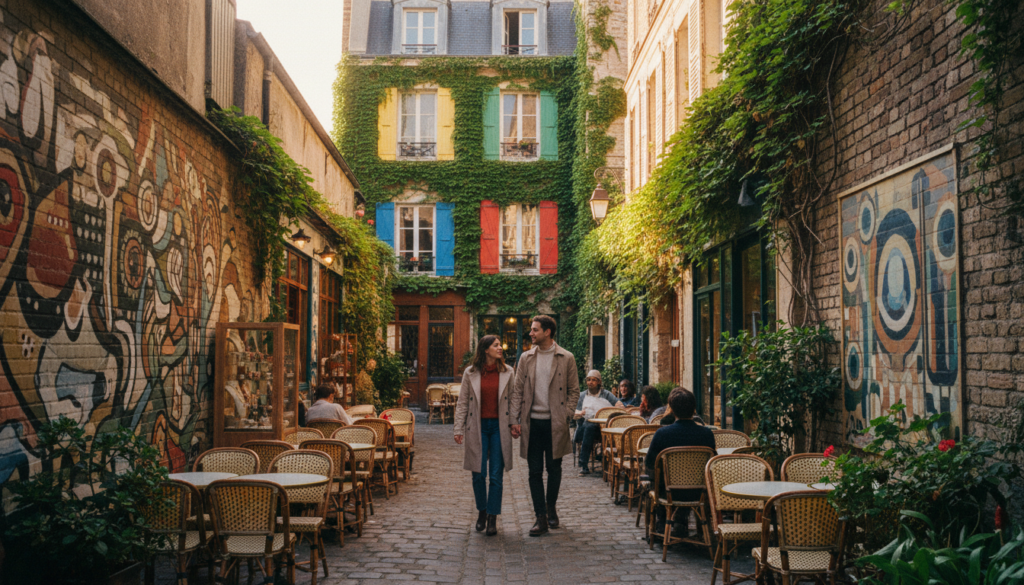 A picturesque scene capturing the essence of Parisian hidden gems, focusing on a narrow cobblestone street in a charming neighborhood. In the foreground, a couple dressed in stylish, modest casual attire strolls hand-in-hand, admiring vibrant local street art and small artisan shops. The middle ground features quaint cafés with outdoor seating, dotted with potted flowers and cheerful patrons enjoying coffee. In the background, a beautiful historic building adorned with ivy and colorful shutters rises under a soft, golden hour light, creating a warm atmosphere. The composition is framed at eye level, with a slight tilt to emphasize the depth of the street, and the overall mood is inviting and serene. Emphasize rich textures, natural colors, and a cinematic quality at 8k resolution. A picturesque scene capturing the essence of Parisian hidden gems, focusing on a narrow cobblestone street in a charming neighborhood. In the foreground, a couple dressed in stylish, modest casual attire strolls hand-in-hand, admiring vibrant local street art and small artisan shops. The middle ground features quaint cafés with outdoor seating, dotted with potted flowers and cheerful patrons enjoying coffee. In the background, a beautiful historic building adorned with ivy and colorful shutters rises under a soft, golden hour light, creating a warm atmosphere. The composition is framed at eye level, with a slight tilt to emphasize the depth of the street, and the overall mood is inviting and serene. Emphasize rich textures, natural colors, and a cinematic quality at 8k resolution.