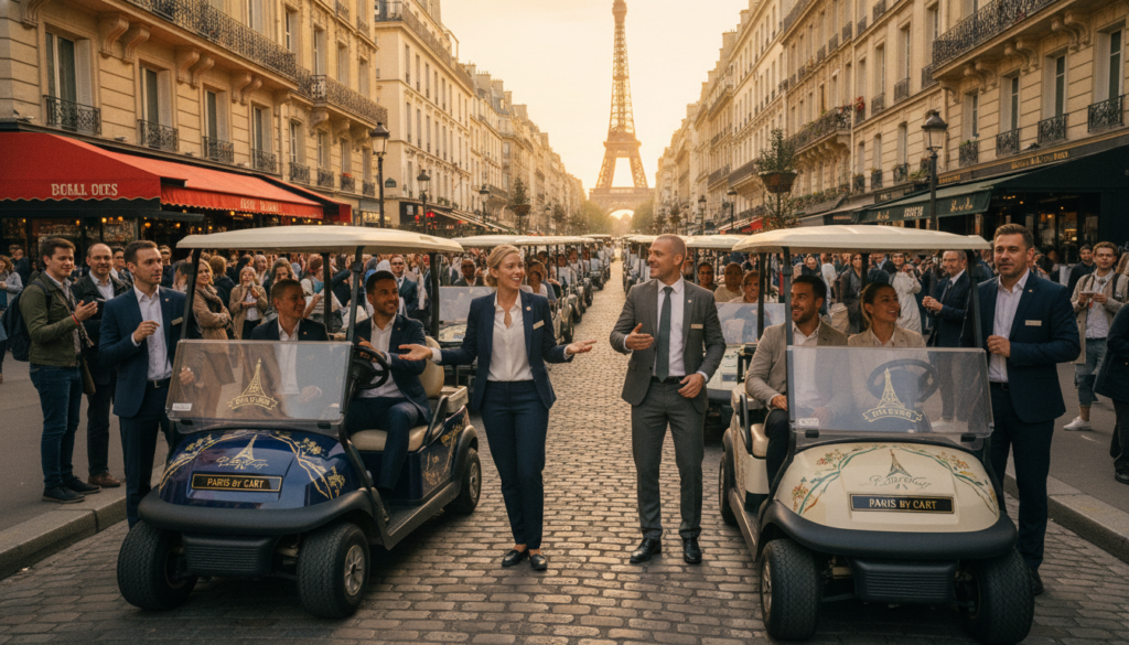 Парисын шилдэг гольфын тэрэгний аялал жуулчлалын операторуудыг харуулсан үзэсгэлэнтэй дүр зураг бөгөөд Парисын алдарт архитектураар хүрээлэгдсэн цоглог, хөл хөдөлгөөн ихтэй гудамжийг харуулсан болно. Урд талд нь мэргэжлийн харагдах олон төрлийн аялал жуулчлалын хөтөч нар загварлаг гольфын тэрэгнийхээ хажууд бахархалтайгаар зогсож, инээмсэглэн, сэтгэл хөдөлсөн жуулчидтай харилцаж байна. Дунд хэсэгт нь гольфын тэрэгнүүд өвөрмөц брэндтэй бөгөөд тэдний компаниудыг тусгасан лого, өнгөлөг дизайныг харуулсан байна. Арын дэвсгэр дээр Эйфелийн цамхаг, дур булаам кафены дэнж зэрэг алдартай газруудыг дүрсэлсэн бөгөөд алтан цагийн үеэр дулаан, киноны гэрэлтүүлэгт дүрэлзэж, урин дулаан уур амьсгалыг сайжруулсан байна. Зураг нь баялаг бүтэцтэй, өндөр нарийвчлалтай байх ёстой бөгөөд Гэрлийн хотод гольфын тэрэгний аяллын мөн чанарыг илэрхийлсэн бодит 8k нягтралтай зургийг бүтээх ёстой.