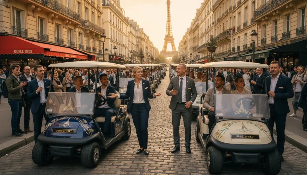 Una escena pintoresca que captura els principals operadors turístics amb carrets de golf de París, mostrant un carrer vibrant i bulliciós ple d'arquitectura parisenca icònica. En primer pla, un grup divers de guies turístics d'aspecte professional, vestits amb roba de negocis elegant, es mantenen orgullosos al costat dels seus elegants carrets de golf, somrient i interactuant amb turistes entusiasmats. Al mig, els carrets de golf tenen una marca única, mostrant logotips i dissenys acolorits que reflecteixen les seves empreses. El fons presenta monuments famosos com la Torre Eiffel i encantadores terrasses de cafeteries, banyades per una il·luminació càlida i cinematogràfica durant l'hora daurada, millorant l'atmosfera acollidora. La imatge ha de ser molt detallada amb textures riques, creant una fotografia realista de resolució 8k que encarni l'essència dels agradables tours amb carret de golf a la Ciutat de la Llum. Una escena pintoresca que captura els principals operadors turístics amb carrets de golf de París, mostrant un carrer vibrant i bulliciós ple d'arquitectura parisenca icònica. En primer pla, un grup divers de guies turístics d'aspecte professional, vestits amb roba de negocis elegant, es mantenen orgullosos al costat dels seus elegants carrets de golf, somrient i interactuant amb turistes entusiasmats. Al mig, els carrets de golf tenen una marca única, mostrant logotips i dissenys acolorits que reflecteixen les seves empreses. El fons presenta monuments famosos com la Torre Eiffel i encantadores terrasses de cafeteries, banyades per una il·luminació càlida i cinematogràfica durant l'hora daurada, millorant l'atmosfera acollidora. La imatge ha de ser molt detallada amb textures riques, creant una fotografia realista de resolució 8k que encarni l'essència dels agradables tours amb carret de golf a la Ciutat de la Llum.