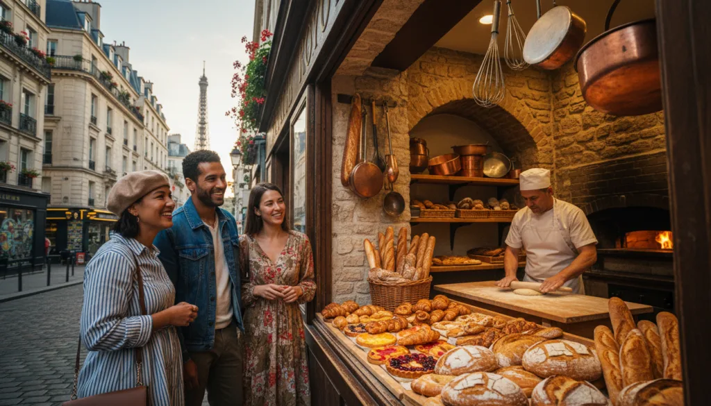 Une scène pittoresque illustrant une charmante visite de boulangerie parisienne. Au premier plan, un groupe de trois personnes, vêtues avec élégance et sobriété, se tient devant une boulangerie rustique et pittoresque, où s'étale une alléchante vitrine de viennoiseries fraîches et de pains artisanaux. Au second plan, un boulanger façonne habilement la pâte, entouré d'ustensiles de cuisine en métal étincelants et d'un four chaud. En arrière-plan, on aperçoit l'architecture parisienne emblématique, avec des bâtiments classiques ornés de fleurs. La scène est baignée par la douce lumière dorée du crépuscule, créant une atmosphère chaleureuse et accueillante. Filmée avec une faible profondeur de champ pour accentuer les détails de la boulangerie, et prise en contre-plongée pour un effet cinématographique, la scène met en valeur les textures des produits et l'ambiance charmante, le tout rendu en superbe résolution 8K.