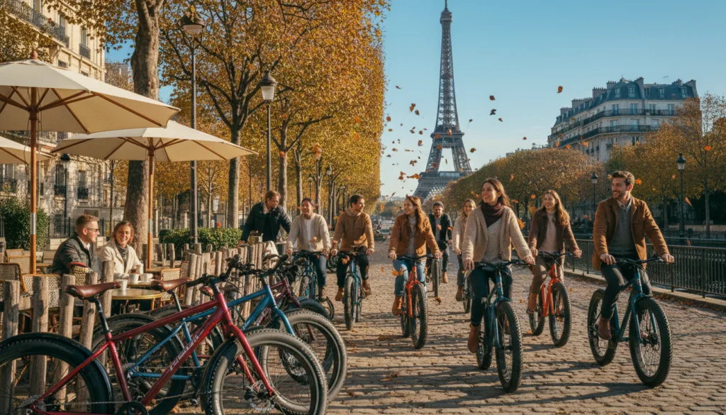 Una escena pintoresca que muestra un paseo en bicicleta de ruedas anchas por París, con un grupo diverso de ciclistas vestidos con ropa informal, pedaleando por una ruta panorámica. En primer plano, destacan las coloridas bicicletas de ruedas anchas aparcadas junto a una encantadora cafetería con mesas y sombrillas. En el plano medio, los ciclistas disfrutan del paseo, rodeados de árboles con colores otoñales y hojas que caen suavemente, reflejando la vibrante atmósfera de la ciudad. Al fondo, la icónica Torre Eiffel se alza majestuosamente contra un cielo azul claro, mientras el sol proyecta un cálido resplandor cinematográfico que resalta la encantadora arquitectura parisina. Captura este momento con gran detalle, enfatizando texturas y colores en resolución 8K, con una composición equilibrada que invita al espectador a unirse a la aventura.