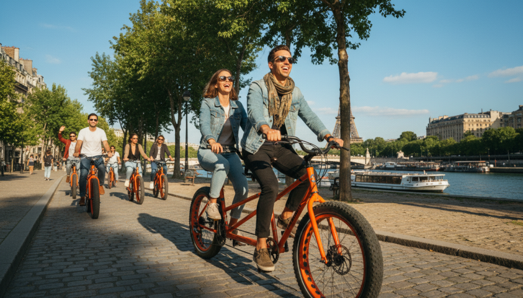 A picturesque scene in Paris featuring a diverse group of travelers enjoying a Fat Tire bike tour. In the foreground, a couple in casual yet stylish clothing rides tandem on a vibrant orange fat tire bike, laughing joyfully. In the middle ground, other cyclists are captured amidst iconic Parisian landmarks like the Eiffel Tower and the Seine River, creating a sense of adventure. The background showcases lush green trees and classic Parisian architecture under a clear blue sky. The atmosphere is lively and warm, illuminated by soft, cinematic lighting that enhances the details of the scene. The image should be highly detailed with textures visible in the bikes and surroundings, rendered in stunning 8k resolution. A picturesque scene in Paris featuring a diverse group of travelers enjoying a Fat Tire bike tour. In the foreground, a couple in casual yet stylish clothing rides tandem on a vibrant orange fat tire bike, laughing joyfully. In the middle ground, other cyclists are captured amidst iconic Parisian landmarks like the Eiffel Tower and the Seine River, creating a sense of adventure. The background showcases lush green trees and classic Parisian architecture under a clear blue sky. The atmosphere is lively and warm, illuminated by soft, cinematic lighting that enhances the details of the scene. The image should be highly detailed with textures visible in the bikes and surroundings, rendered in stunning 8k resolution.
