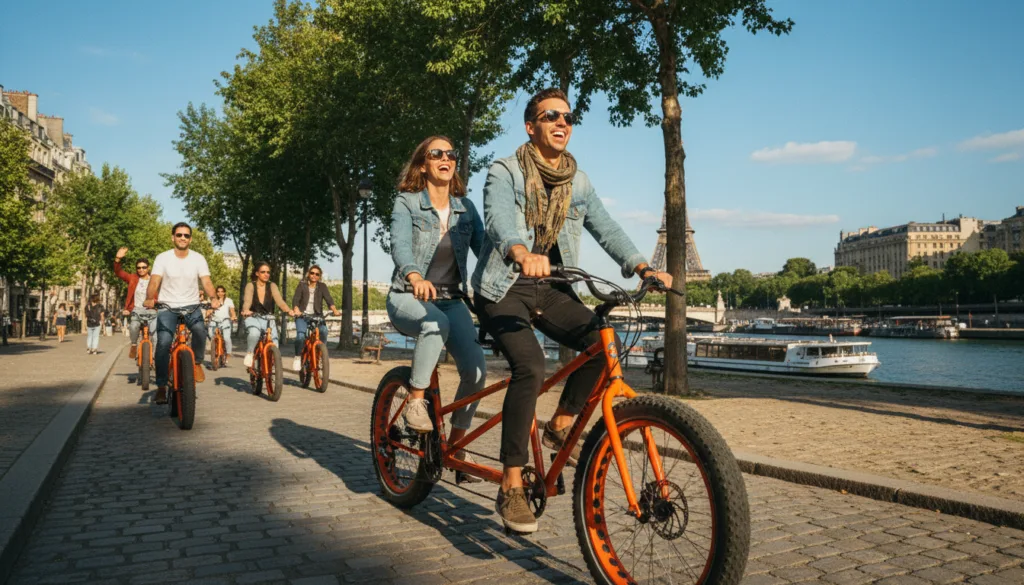 Una escena pintoresca de París muestra a un grupo diverso de viajeros disfrutando de un paseo en bicicleta de ruedas anchas. En primer plano, una pareja con ropa informal pero elegante monta en tándem en una vibrante bicicleta naranja de ruedas anchas, riendo alegremente. En el plano medio, otros ciclistas aparecen entre emblemáticos monumentos parisinos como la Torre Eiffel y el río Sena, creando una sensación de aventura. El fondo muestra frondosos árboles verdes y la arquitectura clásica parisina bajo un cielo azul claro. El ambiente es animado y cálido, iluminado por una iluminación suave y cinematográfica que realza los detalles de la escena. La imagen debe tener un alto nivel de detalle, con texturas visibles en las bicicletas y el entorno, y estar renderizada en una impresionante resolución 8K.