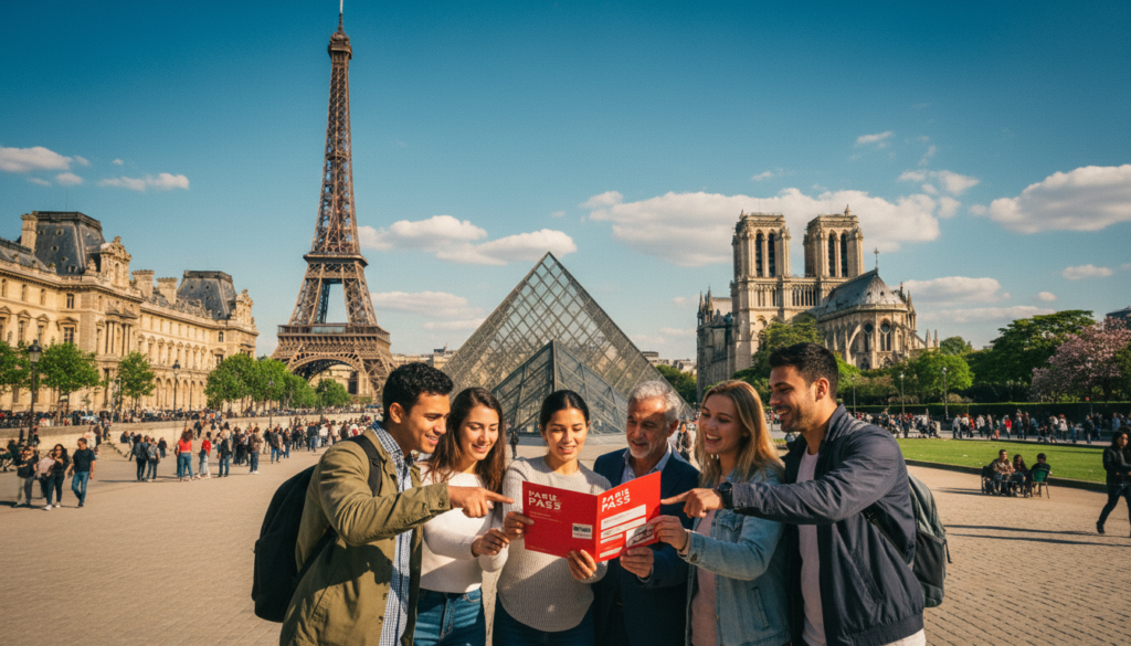 A picturesque scene in Paris showcasing tourists saving money at popular attractions. In the foreground, a diverse group of tourists examines a Paris Pass brochure, discussing various discount options while standing in front of the Louvre. In the middle ground, several iconic landmarks like the Eiffel Tower and Notre-Dame are visible, surrounded by lush gardens and vibrant street life. The background features a clear blue sky with gentle, fluffy clouds, enhancing the cheerful atmosphere. The image is captured in raw photography style with cinematic lighting, showcasing highly detailed textures of the architecture and expressions of joy on the tourists' faces. The composition is in 8k resolution, emphasizing the vibrancy and allure of Paris as a budget-friendly destination.