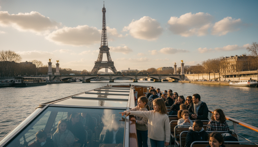 A picturesque scene of a family-friendly boat tour on the Seine River in Paris, showcasing a charming glass-topped riverboat filled with families enjoying the view. In the foreground, children pointing excitedly at iconic landmarks, wearing casual clothing, and parents smiling as they engage with their kids. The middle ground features the beautiful architecture of Paris, such as the Eiffel Tower and historic bridges, bathed in warm, golden sunlight. The background includes soft, fluffy clouds drifting across the sky, accentuating the serene atmosphere of the river. The composition emphasizes a cinematic angle, with highly detailed textures of the boat and surrounding scenery, captured in stunning 8k resolution, conveying joy and a sense of adventure as families create lasting memories.