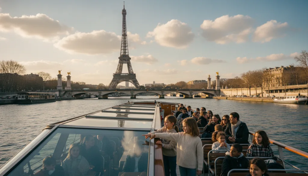 Una escena pintoresca de un paseo en barco ideal para familias por el río Sena en París, donde se aprecia un encantador barco con techo de cristal lleno de familias que disfrutan de las vistas. En primer plano, niños con ropa informal señalan con entusiasmo monumentos emblemáticos, mientras sus padres sonríen e interactúan con ellos. En el plano medio se aprecia la hermosa arquitectura parisina, como la Torre Eiffel y los puentes históricos, bañados por una cálida luz dorada. Al fondo, suaves nubes que surcan el cielo acentúan la serena atmósfera del río. La composición destaca por su enfoque cinematográfico, con texturas muy detalladas del barco y el paisaje circundante, capturadas en una impresionante resolución 8K, que transmiten alegría y una sensación de aventura mientras las familias crean recuerdos imborrables.