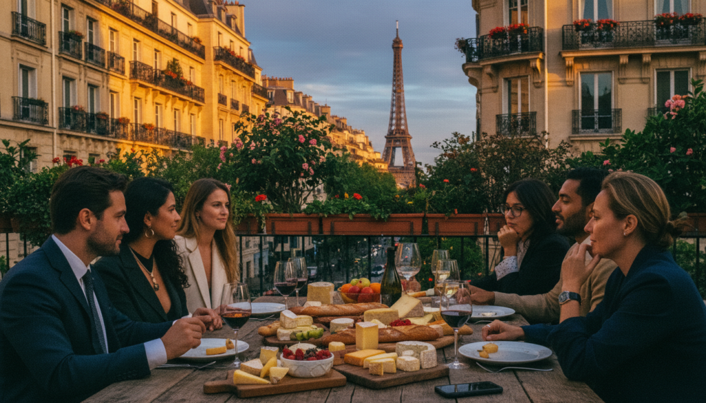 A picturesque scene of a group tour in Paris, focused on food and wine experiences. In the foreground, a diverse group of six people, dressed in smart casual attire, are gathered around a rustic wooden table laden with a spread of artisanal cheeses, fresh baguettes, and vibrant fruits, with elegant wine glasses filled with red and white wine. In the middle background, iconic Parisian architecture with wrought-iron balconies and flowering window boxes creates a charming ambiance, bathed in warm, golden cinematic lighting as the sun sets. In the distance, the silhouette of the Eiffel Tower can be glimpsed against the twilight sky. The overall atmosphere is festive and inviting, capturing the essence of dining and camaraderie in Paris, presented in highly detailed textures and 8k resolution for a lifelike appearance.
