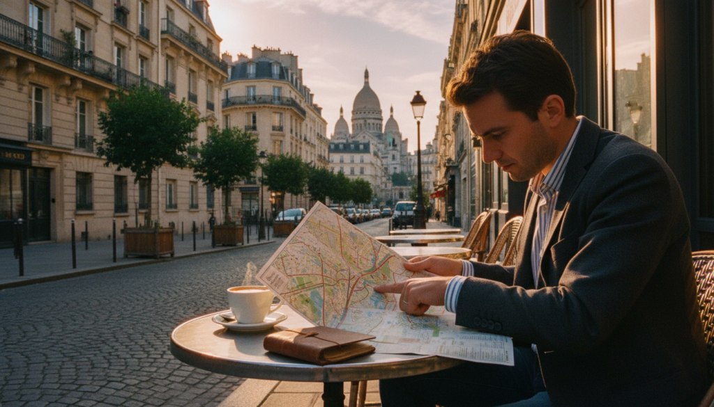 A picturesque scene of a person standing at a café terrace in one of Paris's charming arrondissements, studying a detailed map of walking routes. The foreground captures the person in smart casual attire, focused and engaged, with a warm cup of coffee beside them. In the middle ground, elegant Parisian buildings with intricate architecture line the cobblestone streets, while small trees in pots add a touch of greenery. The background features the iconic silhouette of Montmartre, bathed in soft, golden sunset lighting, casting gentle shadows. Capture this moment in a raw photograph style with cinematic lighting, emphasizing highly detailed textures, all in stunning 8k resolution, conveying a serene and inspiring mood for exploring free attractions in Paris.