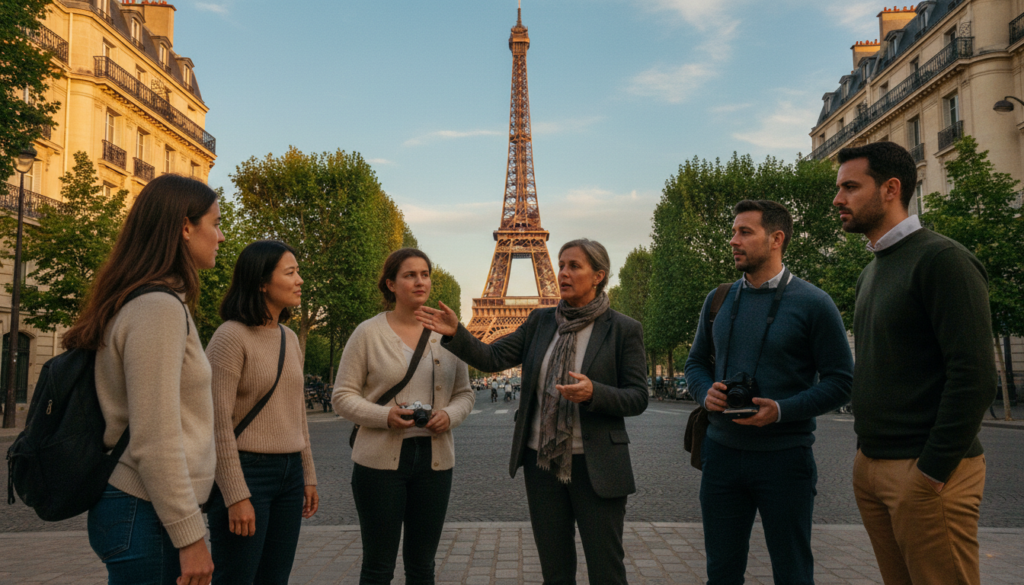 A picturesque scene of a private Russian-speaking tour in Paris, featuring a small group of tourists engaging with a knowledgeable guide. In the foreground, the guide is a middle-aged Caucasian woman dressed in professional attire, enthusiastically explaining the history of a famous Parisian landmark, like the Eiffel Tower. The tourists, a diverse group of men and women wearing modest casual clothing, appear captivated. In the middle ground, lush trees and iconic Paris architecture are visible, softly lit by golden hour sunlight, enhancing the atmosphere of warmth and leisure. The background shows a clear blue sky with wispy clouds. The composition captures the essence of a personal and enriching tour experience in 8k resolution, with highly detailed textures and cinematic lighting, evoking a sense of discovery and excitement.