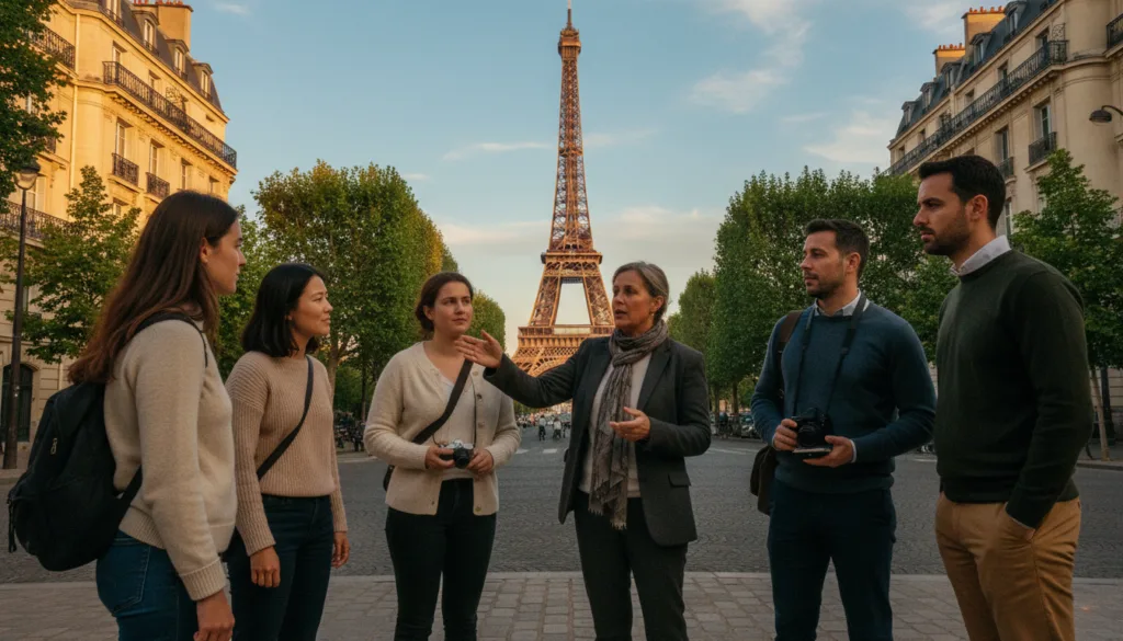 Una escena pintoresca de una visita guiada privada en París con un guía de habla rusa, donde un pequeño grupo de turistas interactúa con una guía experta. En primer plano, la guía, una mujer caucásica de mediana edad vestida con ropa formal, explica con entusiasmo la historia de un famoso monumento parisino, como la Torre Eiffel. Los turistas, un grupo diverso de hombres y mujeres con ropa informal discreta, parecen cautivados. En el plano medio, se aprecian frondosos árboles y la icónica arquitectura parisina, suavemente iluminados por la luz dorada del atardecer, lo que realza la atmósfera de calidez y tranquilidad. Al fondo, se observa un cielo azul despejado con nubes tenues. La composición captura la esencia de una experiencia turística personal y enriquecedora en resolución 8K, con texturas de gran detalle e iluminación cinematográfica, evocando una sensación de descubrimiento y emoción.
