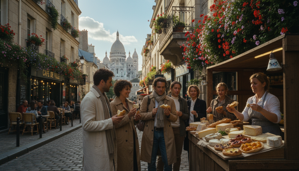 A picturesque scene of a secret food tour in Montmartre, Paris, showcasing a quaint street lined with charming historic buildings adorned with blooming window boxes. In the foreground, a diverse group of people in casual yet respectable attire is gathered around a local vendor, eagerly tasting freshly baked baguettes, artisan cheeses, and colorful pastries. The middle ground features cobblestone paths leading to an atmospheric café with patrons enjoying their meals outside, framed by warm, soft lighting from a late afternoon sun, casting gentle shadows. In the background, the iconic Sacré-Cœur Basilica rises majestically against a blue sky, adding to the enchanting ambiance. The composition should have a cinematic feel, emphasizing vivid colors and highly detailed textures, in stunning 8k resolution.