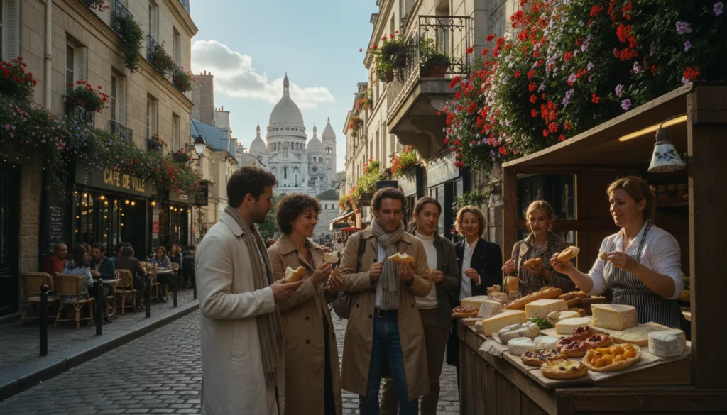 Une scène pittoresque d'une visite gastronomique secrète à Montmartre, à Paris, dévoilant une rue charmante bordée d'immeubles historiques ornés de jardinières fleuries. Au premier plan, un groupe hétéroclite de personnes, vêtues de façon décontractée mais élégante, est rassemblé autour d'un vendeur ambulant, dégustant avec enthousiasme des baguettes fraîchement cuites, des fromages artisanaux et des pâtisseries colorées. Au second plan, des allées pavées mènent à un café à l'atmosphère chaleureuse, où les clients savourent leur repas en terrasse, baignés par la douce lumière du soleil de fin d'après-midi qui projette des ombres délicates. À l'arrière-plan, l'emblématique basilique du Sacré-Cœur se dresse majestueusement sur un ciel bleu, contribuant à l'ambiance enchanteresse. La composition doit avoir un aspect cinématographique, mettant en valeur des couleurs vives et des textures très détaillées, dans une superbe résolution 8K.