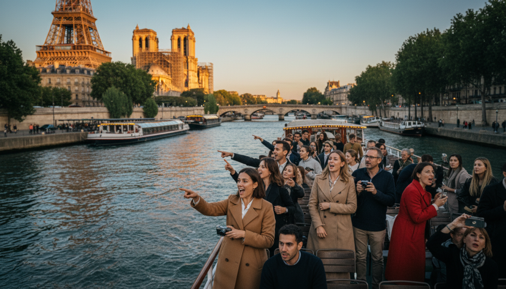 A picturesque scene of an English-speaking Seine river boat tour gliding through the water, illuminated by the warm glow of historic Parisian landmarks such as the Eiffel Tower and Notre-Dame Cathedral in the background. The foreground features diverse tourists, dressed in professional attire and casual clothing, pointing and taking photographs, their faces filled with wonder. The middle ground showcases the elegantly lit boats, reflecting golden hues on the water's surface. The background highlights the beautiful architecture of Paris, bathed in a soft evening light, creating a romantic atmosphere. The composition is captured with a wide-angle lens, emphasizing the majesty of the city, and rendered in stunning 8k resolution with highly detailed textures, evoking a sense of adventure and culture.