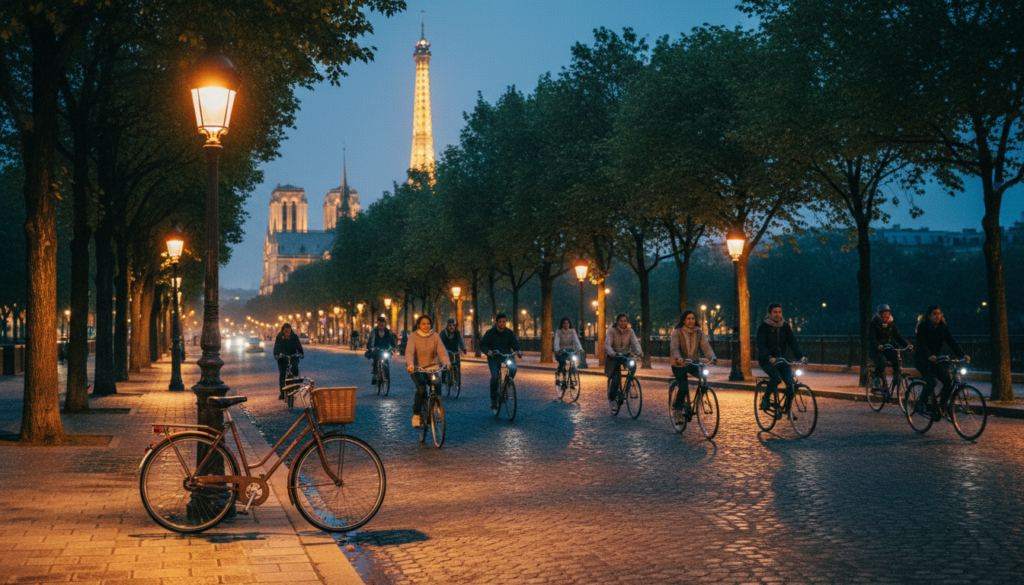 A picturesque scene of bicycle tours in Paris at night, featuring cyclists in modest casual clothing riding along a cobblestone street. In the foreground, a charming vintage bicycle leans against a lamppost, casting a warm light. The middle ground reveals a diverse group of people enjoying the leisurely ride, surrounded by lush trees lining the avenue. The background showcases iconic illuminated monuments like the Eiffel Tower and Notre-Dame, glowing against the twilight sky. The atmosphere is enchanting and vibrant, with cinematic lighting highlighting the details of the historic architecture. Capture this moment with highly detailed textures, sharp focus, and a rich color palette, all in 8k resolution to emphasize the beauty of Paris at night.