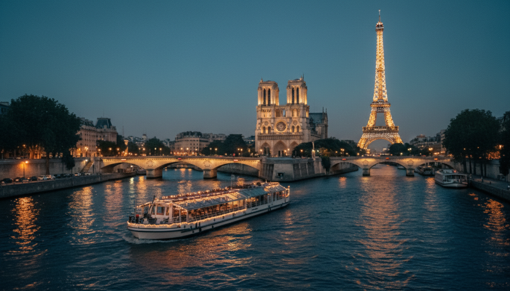 A picturesque scene of night cruises along the illuminated Seine River in Paris, showcasing a gracefully lit boat gliding through the water. The foreground features the boat, with soft, warm lights casting reflections on the rippling surface of the river. In the middle ground, the iconic Parisian architecture, including the majestic Notre-Dame and charming bridges, stands illuminated against the night sky. The background reveals the Eiffel Tower shimmering with golden lights, set against a deep blue twilight. The atmosphere is tranquil yet vibrant, conveying a sense of romance and adventure. Shot with a cinematic angle, this raw photograph captures highly detailed textures, incorporating 8k resolution and dynamic lighting to emphasize the enchanting ambiance of a Parisian night.
