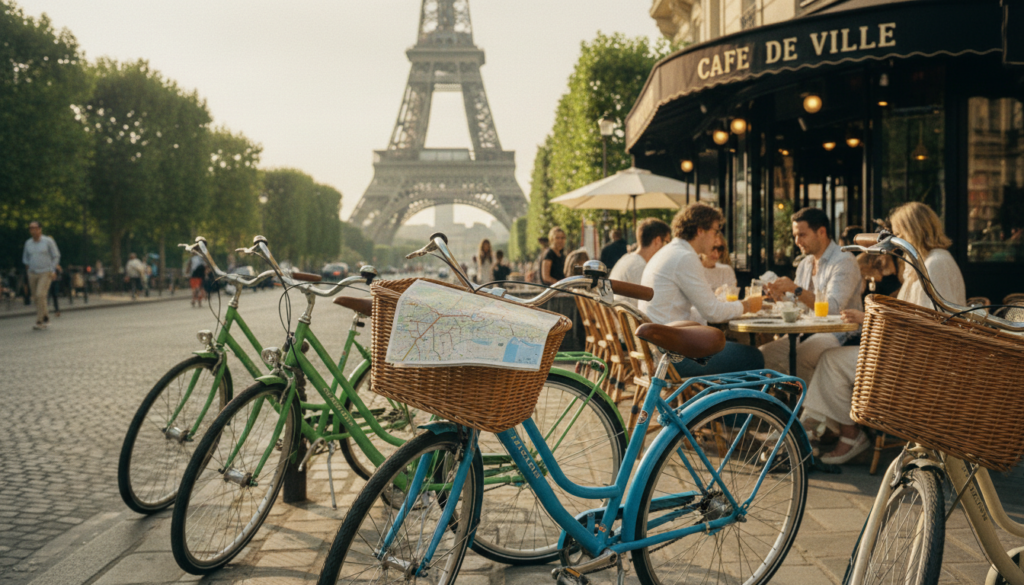 A picturesque scene of self-guided bicycle routes in Paris, showcasing a variety of rental bicycles parked along a charming cobblestone street. In the foreground, a vibrant blue bicycle with a woven basket and a bicycle map resting on the handlebars. In the middle ground, a quaint café with outdoor seating, where tourists in modest casual clothing are seated, enjoying refreshments. The background features the iconic Eiffel Tower peeking through trees, enveloped in soft, golden sunlight during early morning. The atmosphere is lively yet relaxed, capturing the spirit of exploration. Shot with a shallow depth of field to emphasize the bicycles in the foreground while blurring the café and Eiffel Tower slightly. Captured in raw photograph style, 8k resolution, with cinematic lighting and highly detailed textures.