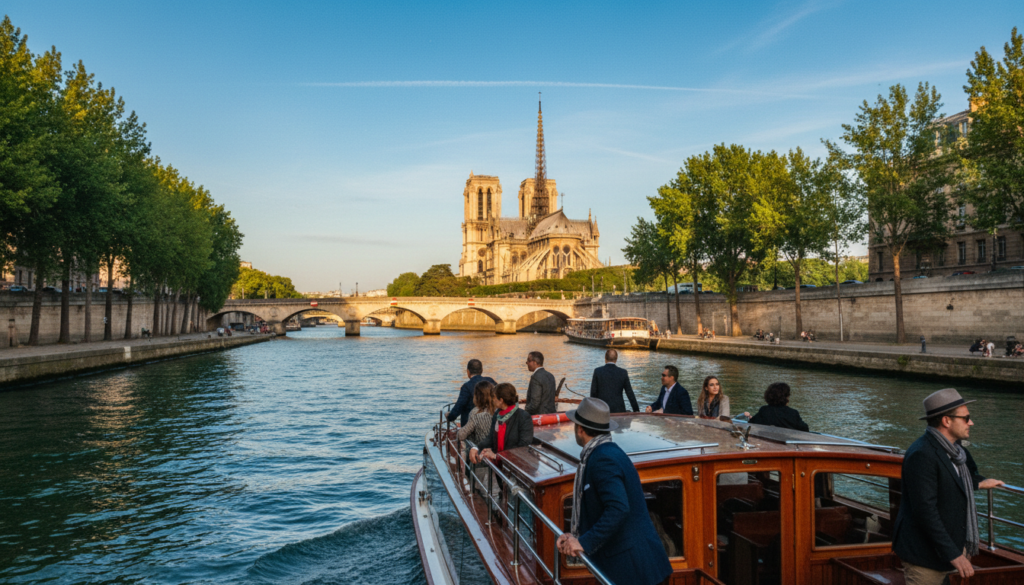 A picturesque scene of the Seine River in Paris, capturing the essence of a serene river cruise. In the foreground, a stylish boat glides through the water, adorned with tourists dressed in smart casual attire, gazing at the stunning riverside landmarks. The middle ground features iconic sights like the Eiffel Tower and Notre-Dame Cathedral, beautifully illuminated by warm, golden hour sunlight. Lush green trees line the riverbanks, enhancing the vibrancy of the scene. Above, a clear blue sky with wispy clouds adds depth to the image. The atmosphere is tranquil yet lively, inviting viewers to envision themselves enjoying a delightful cruise experience in the heart of Paris. This highly detailed composition is captured in 8k resolution with a focus on rich textures and dynamic lighting.