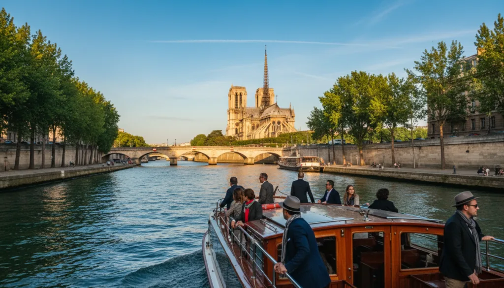 Una pintoresca escena del río Sena en París captura la esencia de un tranquilo crucero fluvial. En primer plano, un elegante barco se desliza por el agua, adornado con turistas vestidos con ropa informal elegante, que contemplan los impresionantes monumentos ribereños. En segundo plano, se encuentran lugares emblemáticos como la Torre Eiffel y la Catedral de Notre Dame, bellamente iluminados por la cálida luz del sol. Frondosos árboles verdes bordean las orillas, realzando la vitalidad de la escena. Arriba, un cielo azul claro con tenues nubes añade profundidad a la imagen. La atmósfera es tranquila pero animada, invitando al espectador a imaginarse disfrutando de una encantadora experiencia de crucero en el corazón de París. Esta composición, sumamente detallada, se capturó en resolución 8k con un enfoque en texturas ricas e iluminación dinámica.