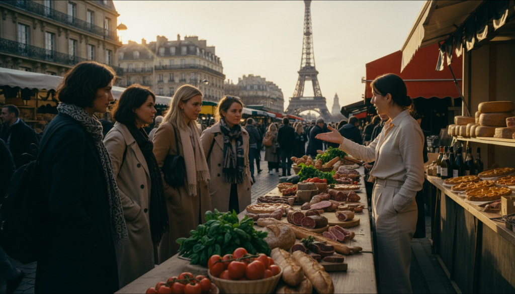 A picturesque scene showcasing French gastronomy and culinary culture tours in Paris. In the foreground, a professional tour guide in a stylish yet modest outfit stands beside a long wooden table filled with fresh, colorful ingredients like ripe tomatoes, basil, and artisanal bread. In the middle, a small group of engaged tourists, dressed in casual yet polished attire, attentively observes the guide, surrounded by vibrant market stalls displaying an array of cheeses, pastries, and wines. The background features iconic Parisian architecture and a gently lit sky at sunset, with warm, cinematic lighting casting rich textures on food and surroundings. The atmosphere is inviting and filled with the aroma of gourmet delights, capturing the essence of French culinary heritage in stunning 8k resolution. A picturesque scene showcasing French gastronomy and culinary culture tours in Paris. In the foreground, a professional tour guide in a stylish yet modest outfit stands beside a long wooden table filled with fresh, colorful ingredients like ripe tomatoes, basil, and artisanal bread. In the middle, a small group of engaged tourists, dressed in casual yet polished attire, attentively observes the guide, surrounded by vibrant market stalls displaying an array of cheeses, pastries, and wines. The background features iconic Parisian architecture and a gently lit sky at sunset, with warm, cinematic lighting casting rich textures on food and surroundings. The atmosphere is inviting and filled with the aroma of gourmet delights, capturing the essence of French culinary heritage in stunning 8k resolution.